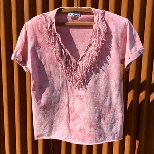 VINTAGE pink tie dye fringe studded cowgirl tee